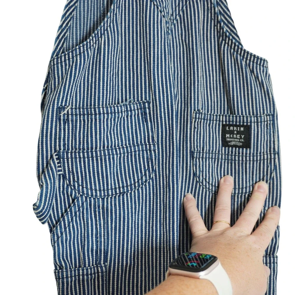 Lakin McKey Kids 24M Cotton Hickory Railroad Stripe Denim Overalls Blue White